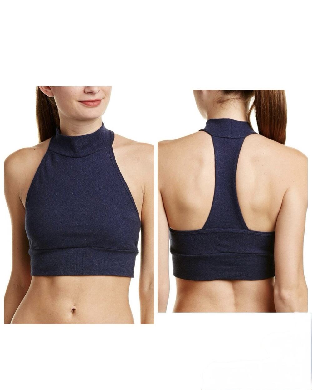 Splendid Activewear Yoga Mock Neck Crop Top Knit Tank Made In USA Navy Blue XL